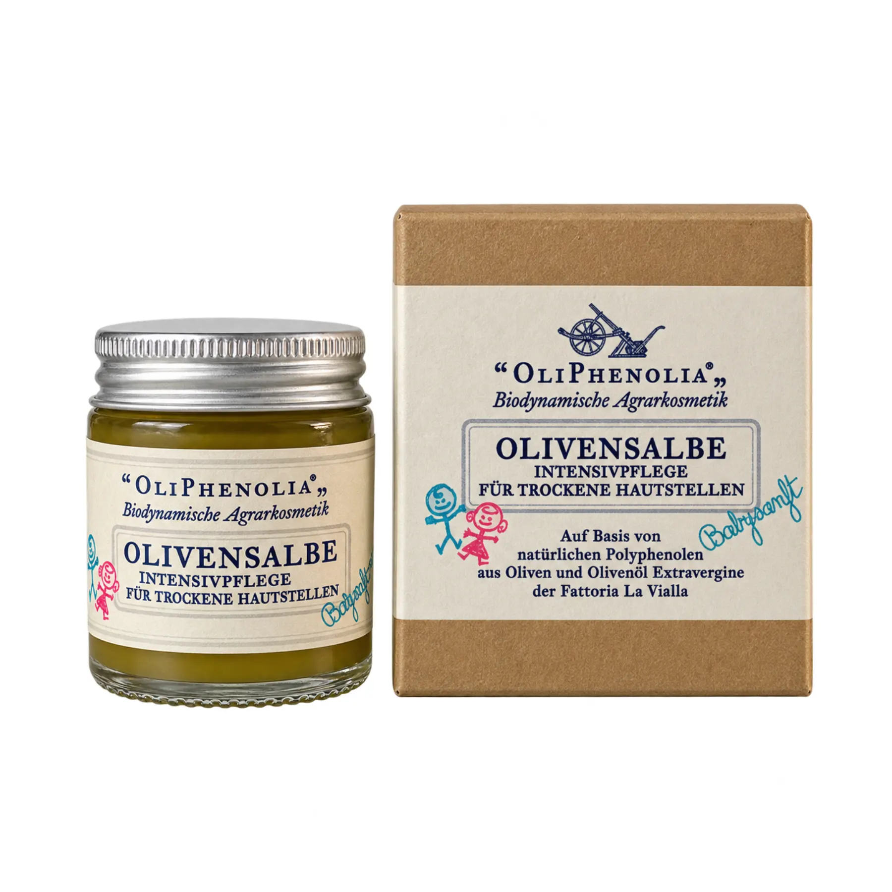 OliPhenolia Olivensalbe im Glastiegel neben dem Originalkarton von La Vialla