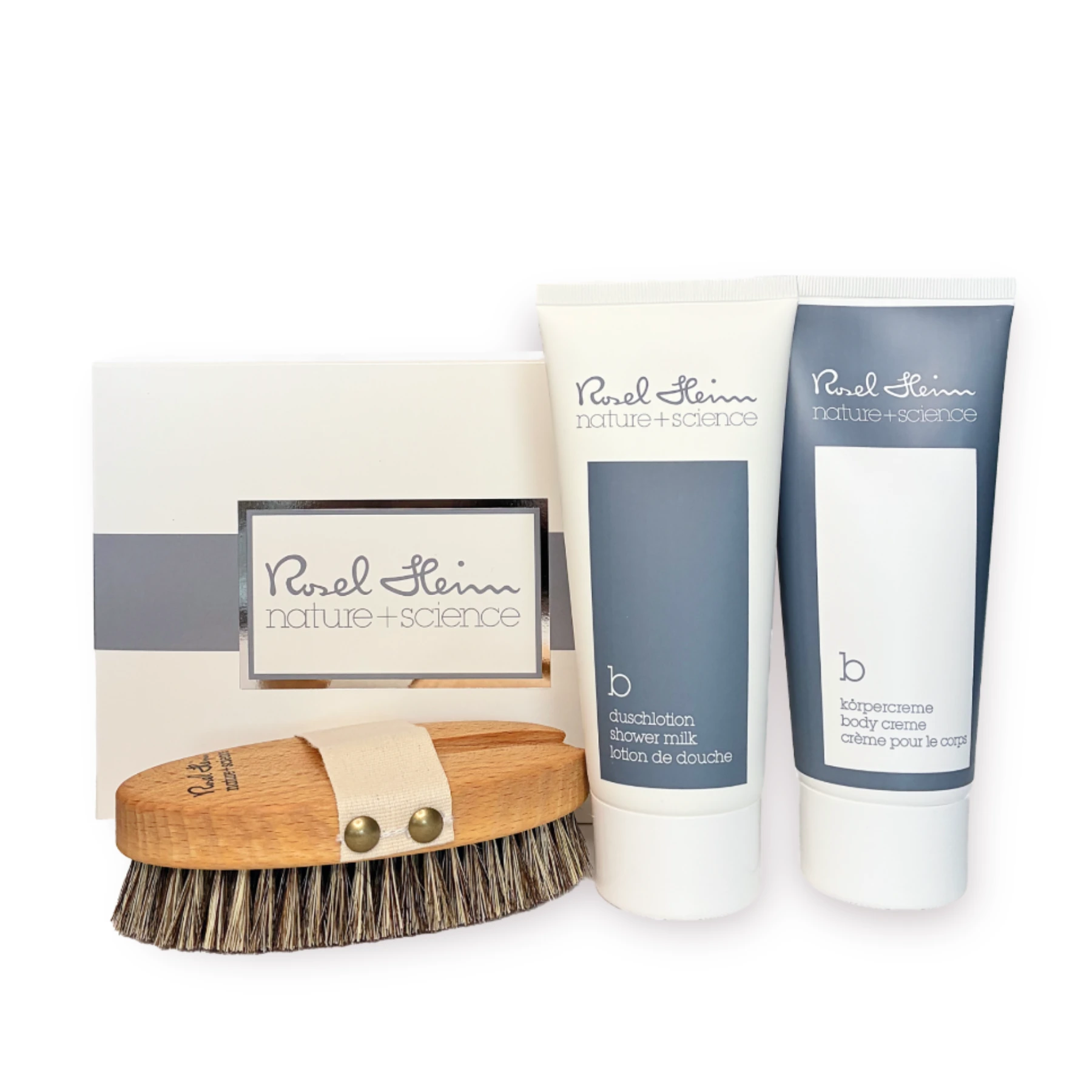 Körpercreme & Duschlotion je 100ml und Körperbürste von Rosel Heim in einer Geschenkbox - Claresco Cosmetic